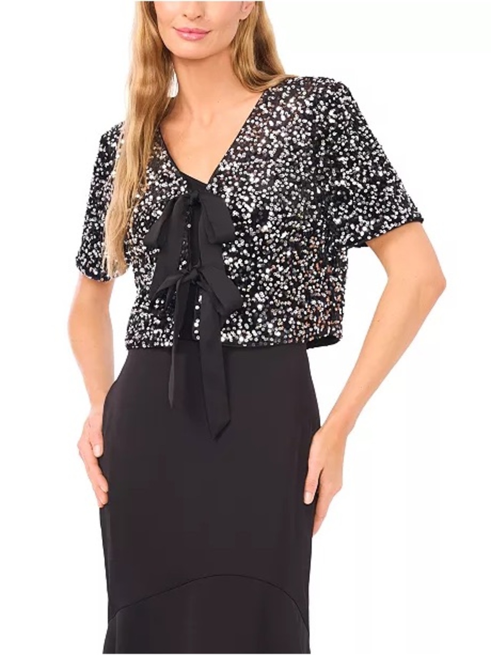 CeCe Velvet Sequin Crop Top V Neck Tie Front Short Sleeve Glam Blouse